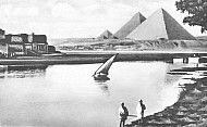 Lake with Sailing Boat with Pyramid in Ghiza, Egypt